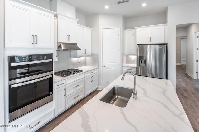 kitchen featuring white cabinets, light stone countertops, stainless steel appliances, under cabinet range hood, and a sink