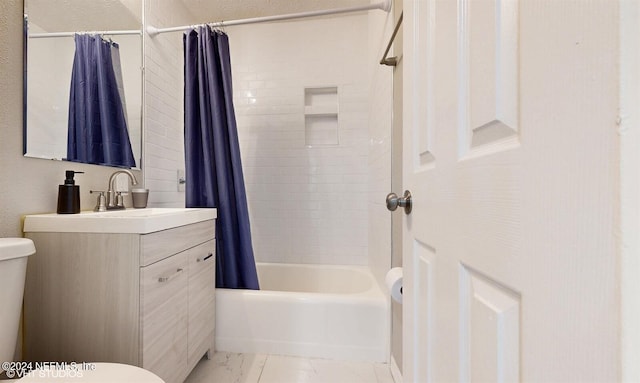 full bathroom featuring toilet, tile flooring, vanity, and shower / tub combo with curtain