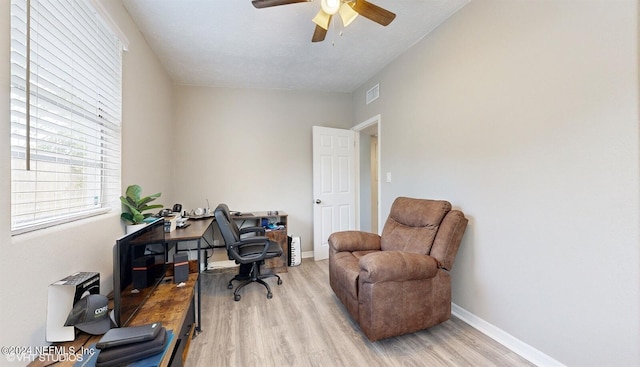 office space featuring light hardwood / wood-style flooring and ceiling fan