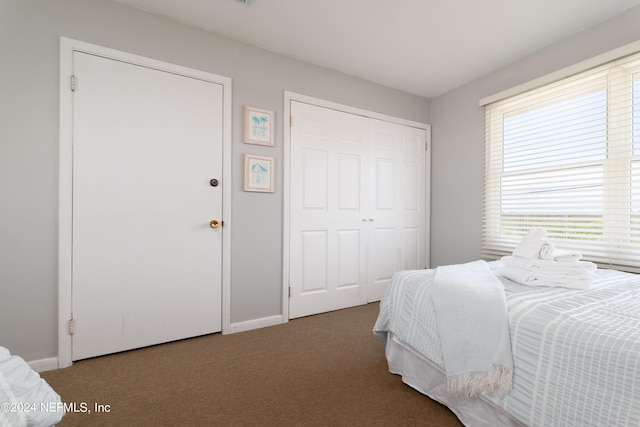 bedroom featuring a closet and dark carpet