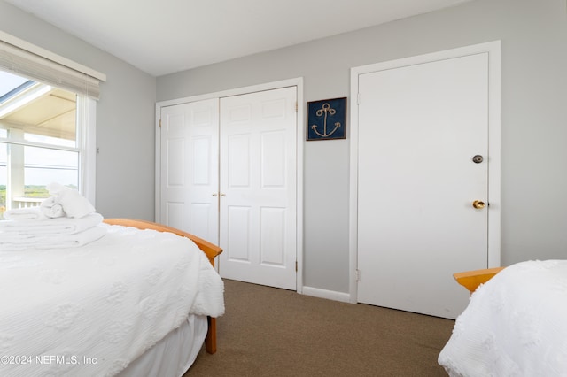 bedroom featuring dark colored carpet and a closet