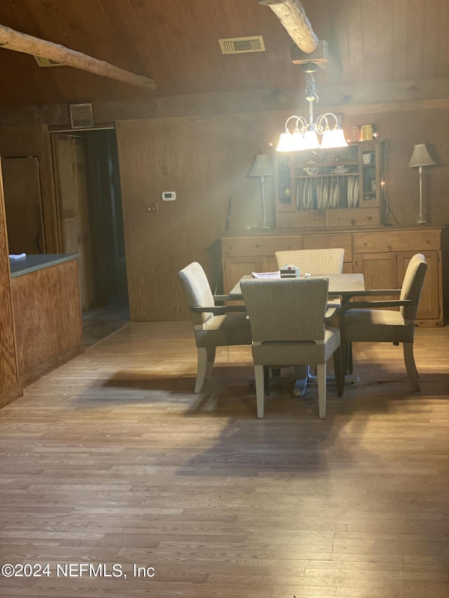 dining area with hardwood / wood-style flooring, wooden walls, and wood ceiling