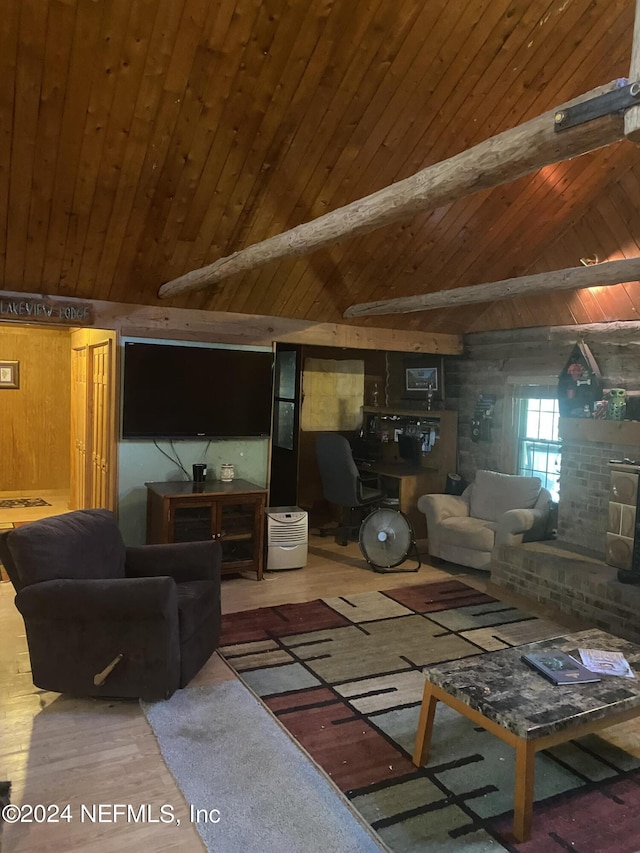 living room featuring a brick fireplace, beamed ceiling, wooden ceiling, wooden walls, and hardwood / wood-style flooring