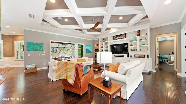 living room with built in features, beam ceiling, dark wood-type flooring, coffered ceiling, and ornamental molding