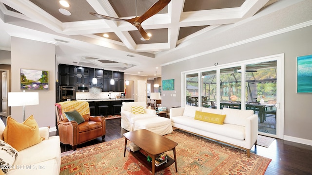 living room with beamed ceiling, crown molding, dark wood-type flooring, sink, and coffered ceiling