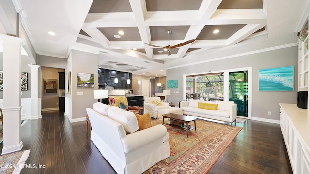 living room featuring ceiling fan, ornate columns, dark hardwood / wood-style flooring, and coffered ceiling