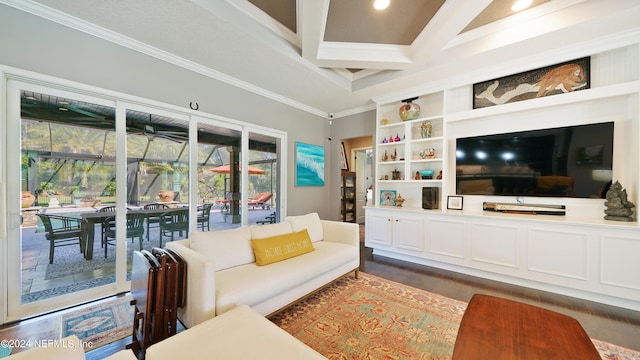 living room featuring beamed ceiling, coffered ceiling, crown molding, dark hardwood / wood-style floors, and built in features