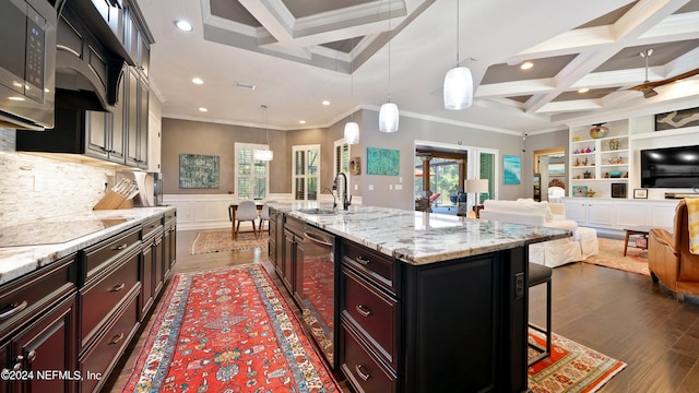 kitchen featuring coffered ceiling, backsplash, crown molding, dark hardwood / wood-style floors, and pendant lighting