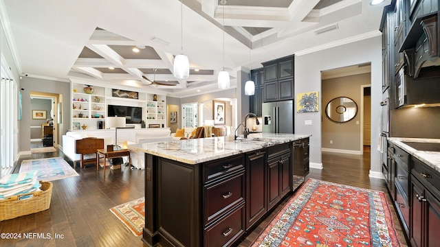 kitchen featuring stainless steel fridge with ice dispenser, decorative light fixtures, crown molding, dark wood-type flooring, and coffered ceiling