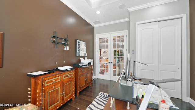 office featuring french doors, crown molding, dark hardwood / wood-style floors, and a textured ceiling