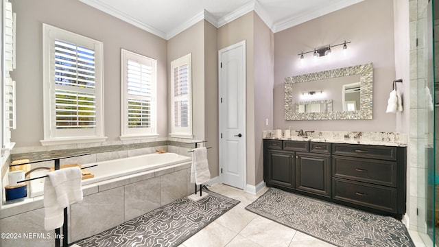 bathroom with ornamental molding, vanity, separate shower and tub, and tile floors