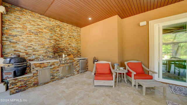 sitting room featuring wooden ceiling and light tile flooring