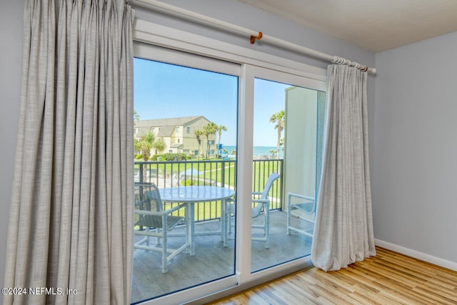 doorway to outside featuring light hardwood / wood-style floors, a water view, and a wealth of natural light