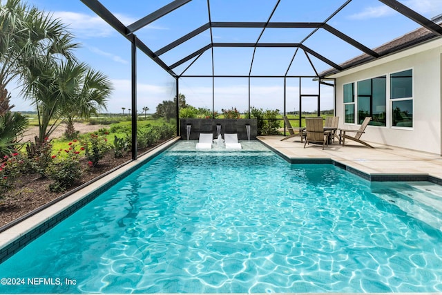 view of pool with a patio area and glass enclosure