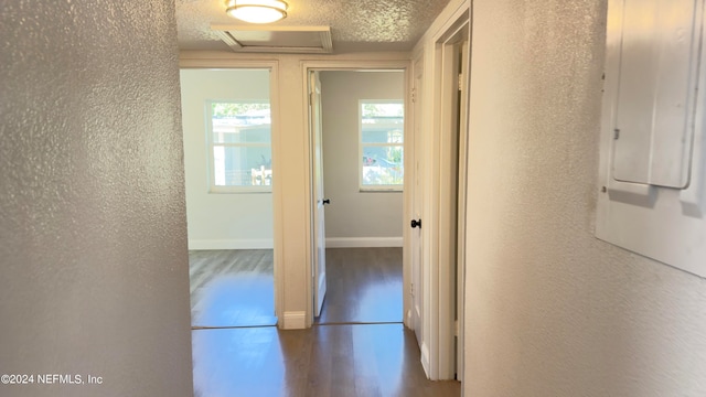 hall with dark hardwood / wood-style floors and a textured ceiling