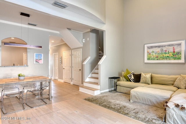 living room featuring crown molding, light hardwood / wood-style floors, and a towering ceiling