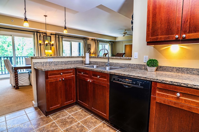 kitchen with ceiling fan with notable chandelier, dishwasher, kitchen peninsula, sink, and dark colored carpet