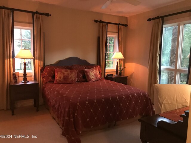 carpeted bedroom with ceiling fan