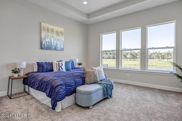 bedroom featuring light colored carpet