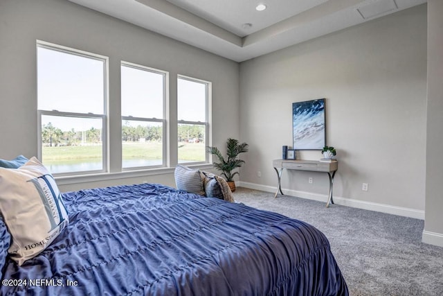 bedroom featuring carpet and a water view