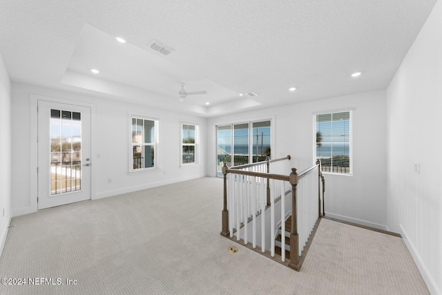 corridor featuring a textured ceiling, light colored carpet, a raised ceiling, and plenty of natural light