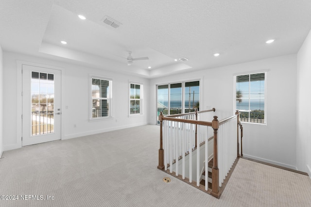 corridor featuring light carpet, a tray ceiling, and a wealth of natural light