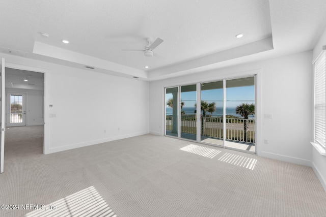 carpeted spare room featuring ceiling fan, a raised ceiling, and a wealth of natural light