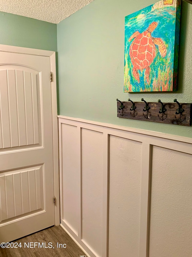 interior details with dark hardwood / wood-style floors and a textured ceiling