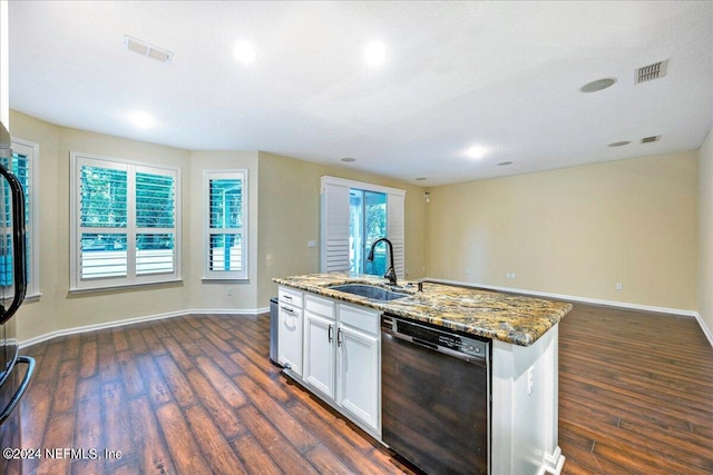 kitchen with black dishwasher, sink, white cabinets, and dark wood-type flooring