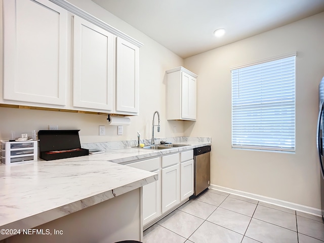 kitchen featuring sink, stainless steel dishwasher, a wealth of natural light, and white cabinets