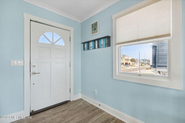 entrance foyer featuring dark wood-type flooring and ornamental molding