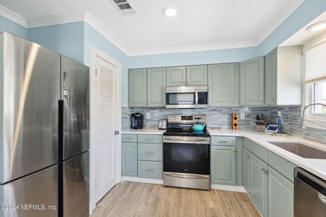 kitchen featuring backsplash, appliances with stainless steel finishes, light hardwood / wood-style flooring, and sink