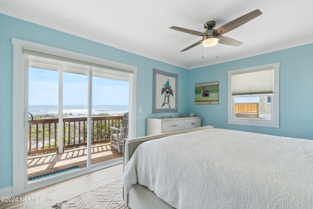 bedroom featuring light hardwood / wood-style flooring, ceiling fan, access to outside, and multiple windows