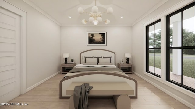 bedroom featuring a chandelier, light wood-type flooring, and ornamental molding