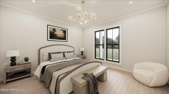 bedroom featuring crown molding, light wood-type flooring, and an inviting chandelier