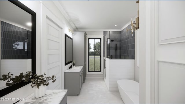 bathroom featuring vanity, ornamental molding, and shower with separate bathtub