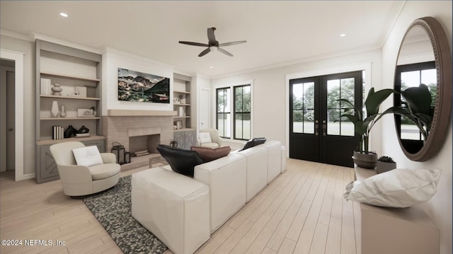 living room with ceiling fan, french doors, built in features, and light hardwood / wood-style flooring