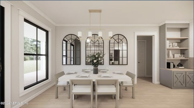 dining space with light hardwood / wood-style floors, an inviting chandelier, and crown molding