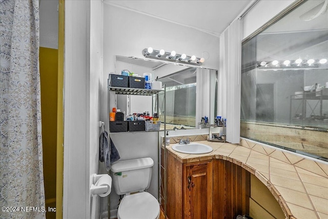 bathroom with vanity with extensive cabinet space and toilet