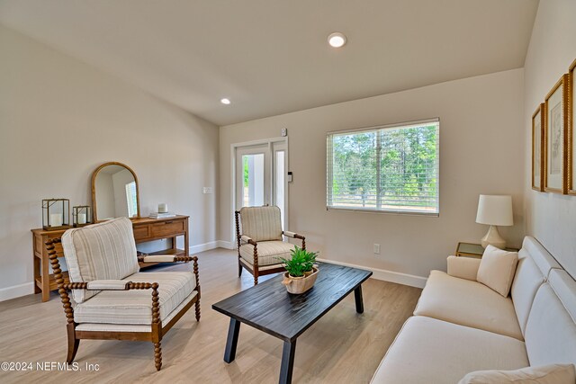 living room with light hardwood / wood-style flooring and vaulted ceiling