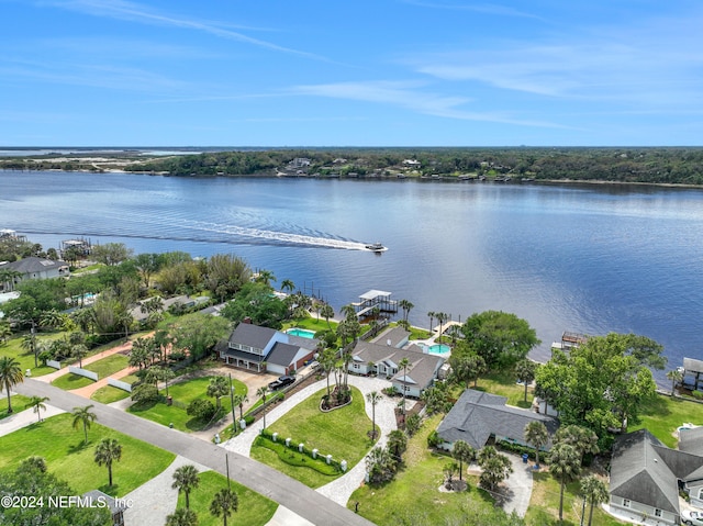 drone / aerial view with a water view