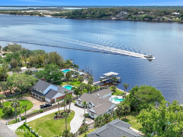 drone / aerial view featuring a water view