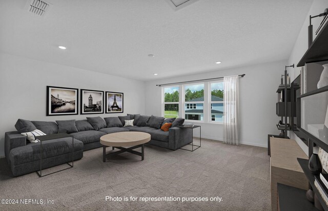 living room featuring light colored carpet