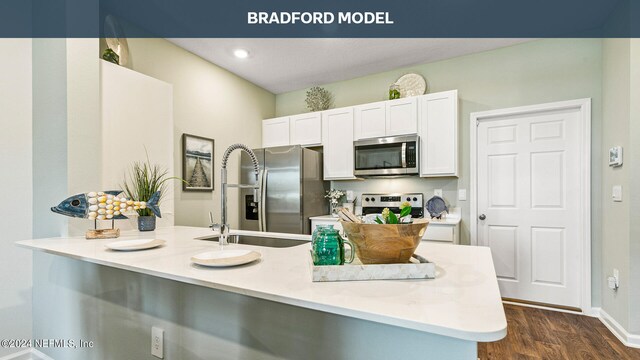 kitchen with sink, kitchen peninsula, dark wood-type flooring, white cabinetry, and appliances with stainless steel finishes