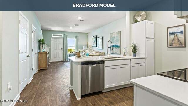 kitchen with white cabinetry, dishwasher, sink, and dark hardwood / wood-style flooring