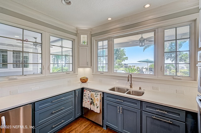 kitchen featuring a healthy amount of sunlight, sink, hardwood / wood-style floors, and dishwasher