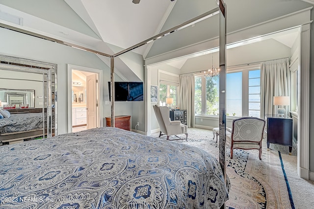 bedroom featuring high vaulted ceiling, a chandelier, and carpet floors