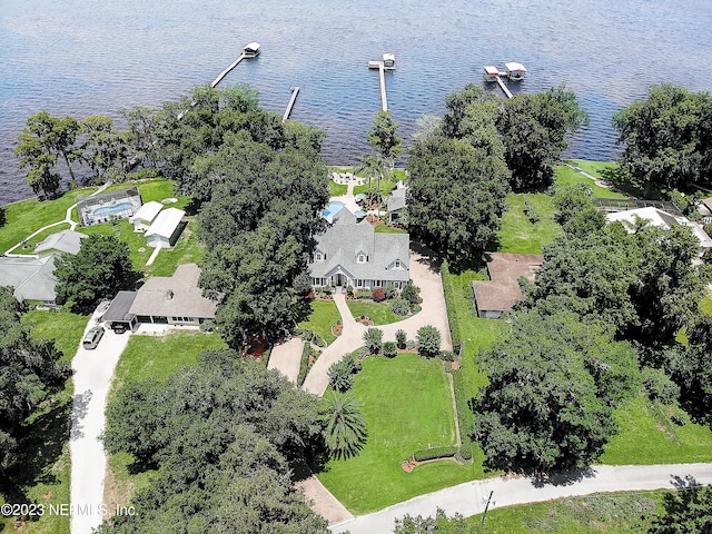 drone / aerial view featuring a water view