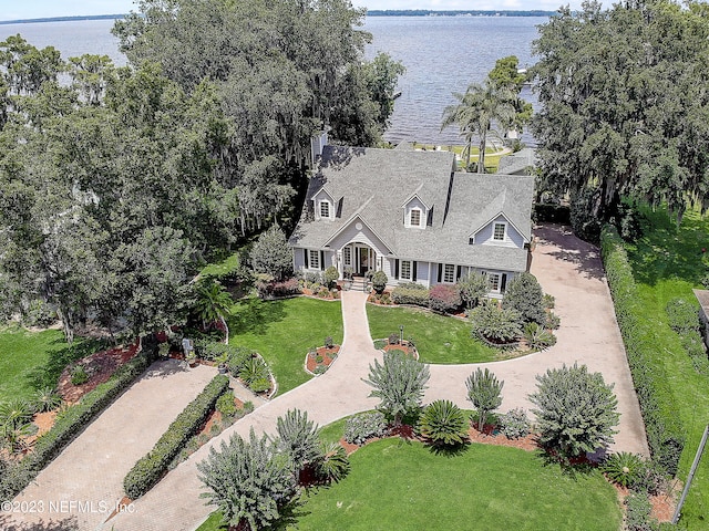 aerial view featuring a water view