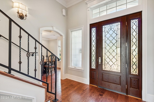 foyer entrance featuring a wealth of natural light, dark hardwood / wood-style flooring, a towering ceiling, and ornamental molding